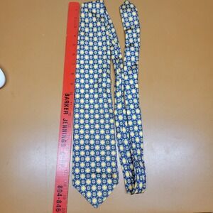 Paolo Gucci Mens Silk Tie Blue Yellow Geometric Floral Hand Finished Italy 4in
